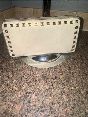 Valentino Garavani Cream Leather Zip Wallet with Gold Logo